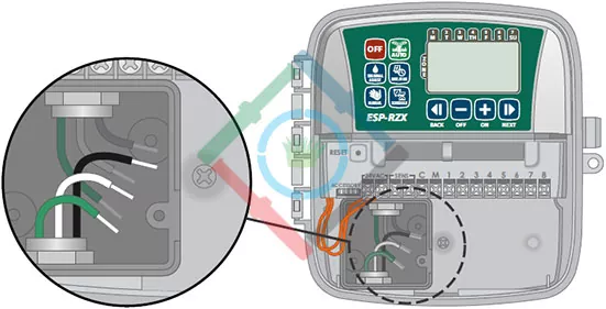 Rain Bird ESP-RZX vezérlő - az áramforrás csatlakoztatása kültéri vezérlőhöz 2